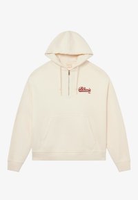 Hoodie i krämfärgad tyg, med kvartdragkedja, framficka och röd brodyr "Blkrs NY" på bröstet.