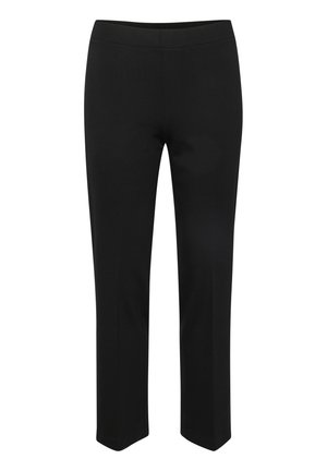 Pantalon noir en tissu extensible ; possède une taille lisse et un design à jambe droite ; sans motifs ni embellissements visibles.