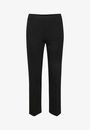 Black trousers made from a stretchy fabric; features a smooth waistband and a straight leg design; no visible patterns or embellishments.