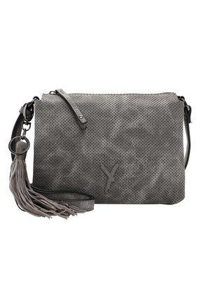 Borsa a tracolla in pelle grigia perforata con una tracolla rimovibile e un pon-pon. Presenta una chiusura con zip e un discreto dettaglio di branding.
