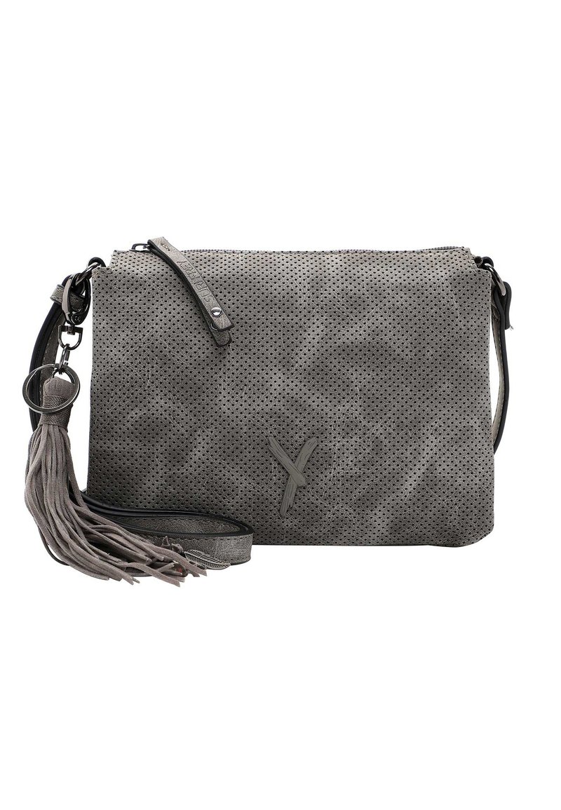 Borsa a tracolla in pelle grigia perforata con una tracolla rimovibile e un pon-pon. Presenta una chiusura con zip e un discreto dettaglio di branding.