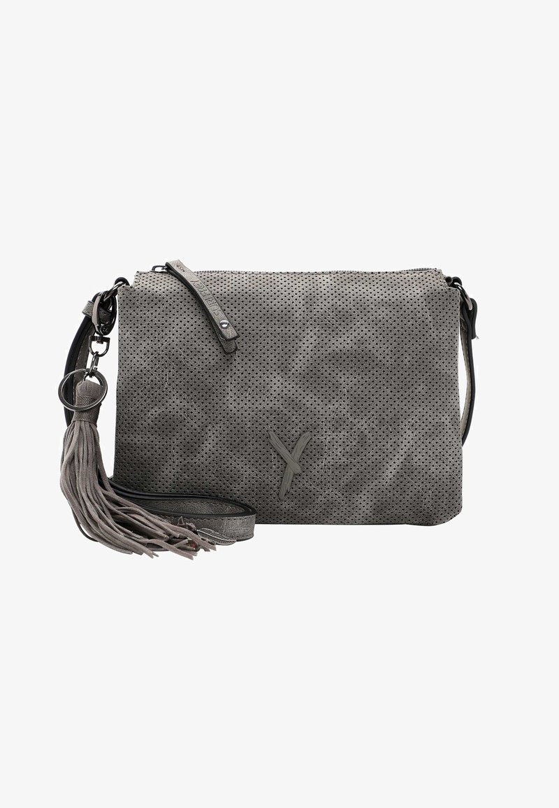 Grey perforated leather crossbody bag with a detachable strap and tassel. Features a zipper closure and a subtle branding detail.