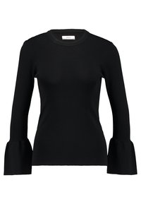 Czarny prążkowany top z długim rękawem, o okrągłym dekolcie i szerokich mankietach. Gładka faktura bez widocznych wzorów czy elementów metalowych.
