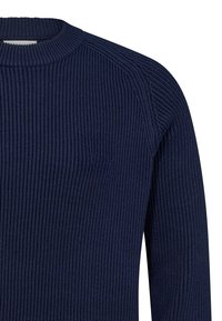 Pull en tricot côtelé bleu marine avec un col rond et des manches raglan, doté d'une finition texturée et d'un design sans coutures.