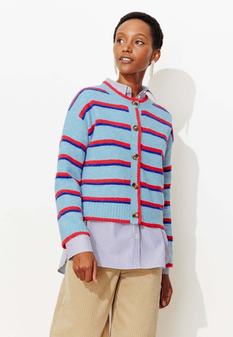 Cardigan tricoté bleu clair avec rayures rouges et bleu marine, col rond, boutonné devant, et ourlet côtelé. Porté par-dessus une chemise rayée à col.