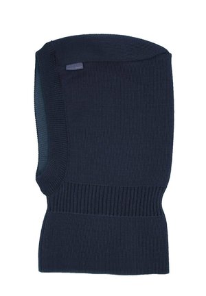 Dark navy blue knitted balaclava with ribbed section at the neck and an opening for the face.