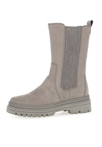 Gray ankle boot made of smooth suede with a textured fabric panel, sturdy sole, and pull tab. Features a rounded toe and low heel.