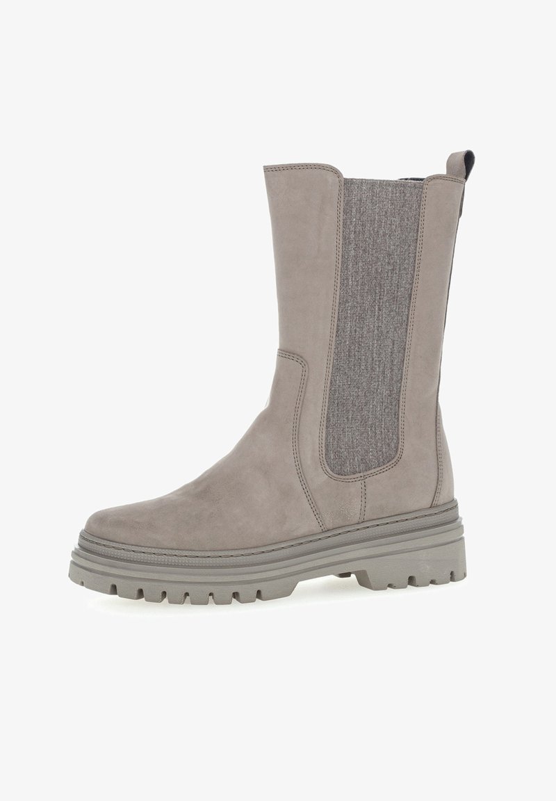 Gray ankle boot made of smooth suede with a textured fabric panel, sturdy sole, and pull tab. Features a rounded toe and low heel.