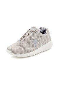 Light gray athletic shoes with a textured mesh upper, round toe, white sole, and a circular logo detail on the side. Laced closure design.