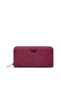 Zip-around wallet in vibrant burgundy leather, featuring a smooth texture and a black logo accent. Rectangular shape for easy storage.