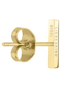 Orecchino a bottone in acciaio inossidabile dorato con design floreale, finitura liscia e lucida e nome del marchio inciso su uno sfondo rettangolare.