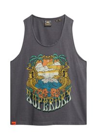 Débardeur gris orné d'un graphique coloré représentant des palmiers, des vagues et des éléments floraux, avec le texte "Superdry" en lettres grasses en bas.
