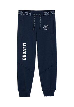 Navy blue jogger pants with elastic cuffs, front pockets, drawstring waist featuring "EB" logos, and white "BUGATTI" text on the left leg.