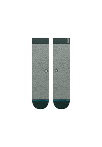 Gray socks with a textured pattern, contrasting dark green cuff and toe, and a teal accent stripe along the bottom. Brand logo visible.