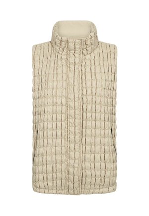 Gilet beige matelassé avec col monté, deux zippers latéraux et tissu texturé présentant de petits motifs brodés. Conception légère et sans manches.