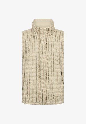Quilted beige vest med høj krave, to sidelommer med lynlås og tekstiler med små syede mønstre. Letvægts- og ærmeløs design.