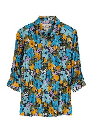 Floral button-up shirt featuring a mix of blue, yellow, and purple flowers on a dark background. Made of lightweight fabric with rolled sleeves.