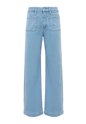 Light blue high-waist wide-leg jeans with front patch pockets, belt loops, and a button closure on a white background.