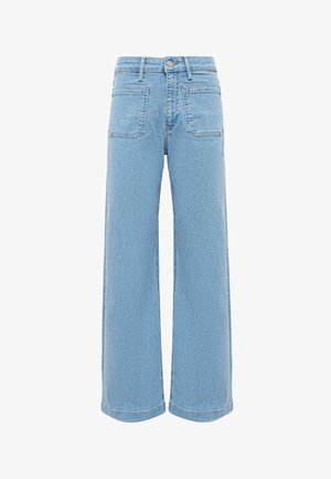 Light blue high-waist wide-leg jeans with front patch pockets, belt loops, and a button closure on a white background.