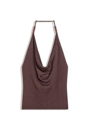 Hnedý pletený top bez rukávov s vodopádovým výstrihom a korálkovými ramienkami.