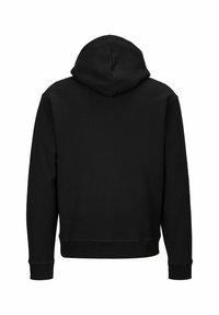 Sweat à capuche noir avec un design simple, comprenant des manches longues, une coupe décontractée et des poignets côtelés à l'ourlet et aux manches.