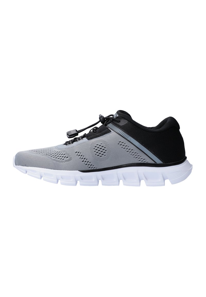 Graue und schwarze Sportschuhe mit einem atmungsaktiven Mesh-Obermaterial, strukturierter Oberfläche, elastischen Schnürsenkeln und einer weißen Gummisohle mit ausgeprägten Rillen.