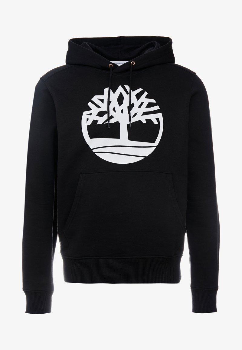 Sweat à capuche noir avec poche avant et logo arbre blanc dans un cercle sur la poitrine, avec cordons à embouts métalliques.