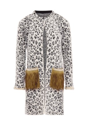 Leopardmønster cardigan i blødt stof med lange ærmer, åben front, to lommer med pelskant og dekorative blonde accenter.