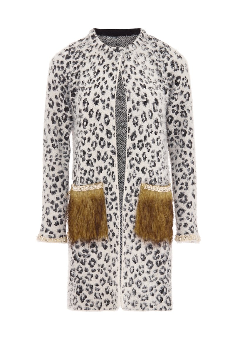 Leopardmönstrad cardigan i mjukt tyg, med långa ärmar, öppen front, två fickor med pälsdetaljer och dekorativa spetsdetaljer.