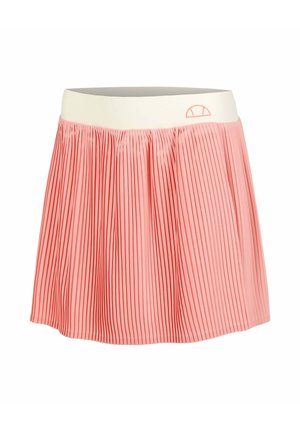Roze geplooide rok met een brede ecru tailleband met een klein halfcirkelvormig logo aan de rechtervoorzijde.