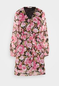 Blommig klänning med långa ärmar, V-ringning och midjeband. Har ett mönster med rosa blommor på en mörk bakgrund. Gjord av transparent tyg.