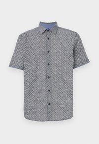 Cămașă cu mânecă scurtă în nuanțe de bleumarin și alb, cu un model geometric, cu butoane în față și guler și manșete contrastante de culoare albastru deschis. Material ușor.