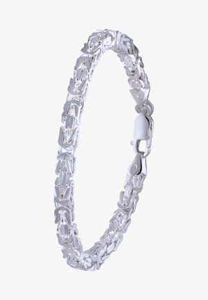 Silver bracelet with interlocking links, featuring a polished finish and a secure lobster clasp for closure.