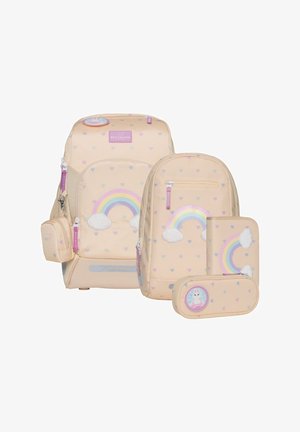 Peach-colored children's backpack set with a rainbow and cloud design, featuring multiple compartments, fabric texture, and pink accents.