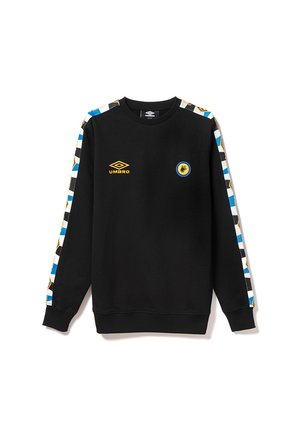 Czarna bluza z okrągłym dekoltem, z białymi, niebieskimi i złotymi wzorami na bocznych paskach oraz haftowanym logiem w kolorze złotym i niebieskim.