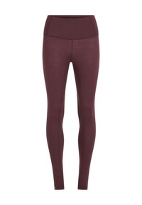 Bordeauxfarbene Leggings mit hoher Taille, aus einem strukturierten, dehnbaren Stoff. Sie verfügen über eine glatte Oberfläche und ein figurbetontes Design.