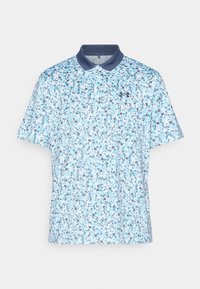 Polo à manches courtes bleu clair avec un motif floral. Doté d'un col bleu marine et du logo Under Armour sur la poitrine gauche.
