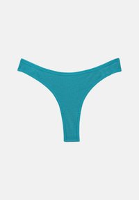 String bleu sarcelle sans couture avec une taille basse, présenté à plat sur un fond blanc.