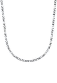 Srebrny naszyjnik łańcuszkowy z ogniwami połączonymi, charakteryzujący się gładkim, wypolerowanym wykończeniem oraz jednolitą, elastyczną konstrukcją.
