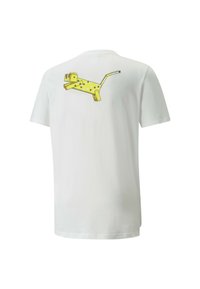 Tricou alb din bumbac cu un grafic de leopard pixelat galben pe spate. Mâneci scurte și guler rotund.