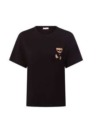 Black short-sleeve t-shirt with a small brown teddy bear wearing sunglasses printed on the left chest area.