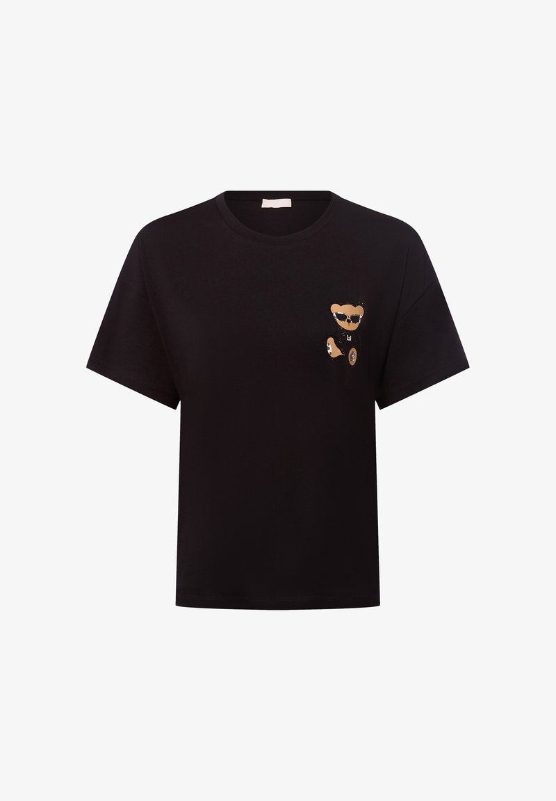 Czarny t-shirt z krótkim rękawem z małym brązowym misiem w okularach przeciwsłonecznych nadrukowanym na lewej piersi.