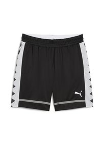 Shorts de sport noirs en tissu texturé et extensible. Comprend des panneaux latéraux blancs avec un motif géométrique et un petit logo blanc.