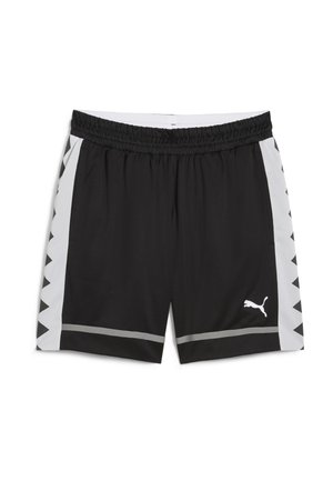 Zwarte sportshorts van een gestructureerde, rekbare stof. Voorzien van witte zijpanelen met een geometrisch patroon en een klein wit logo.