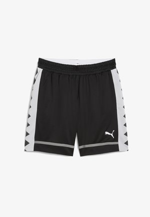 Mustat urheilushortsit, joissa on teksturoitu, joustava kangas. Ominaisuuksiin kuuluu valkoiset sivupaneelit, joissa on geometrinen kuosi, sekä pieni valkoinen logo.