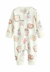 White ribbed onesie with playful food-themed patterns, featuring toast, drinks, and snacks. Full zipper, long sleeves, and cuffed ankles.