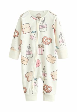 Białe, prążkowane body z zabawnymi wzorami związanymi z jedzeniem, przedstawiające tosty, napoje i przekąski. Pełny zamek błyskawiczny, długie rękawy i mankiety przy kostkach.