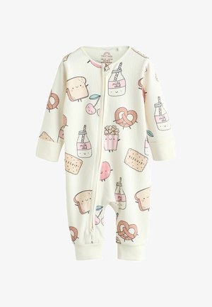 Balta plona bodžiukas su žaismingais maisto tematikos raštais, vaizduojančiais skrebučius, gėrimus ir užkandžius. Pilnas užtrauktukas, ilgomis rankovėmis ir elastinėmis kulkšnimis.