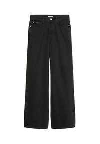 Bredde ben svarte denimjeans med høy midje. Har fem lommer, metallhardware og en ren finish. Teksturen er glatt og myk.