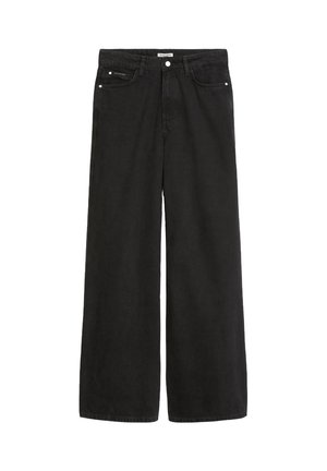 Bredde ben svarte denimjeans med høy midje. Har fem lommer, metallhardware og en ren finish. Teksturen er glatt og myk.
